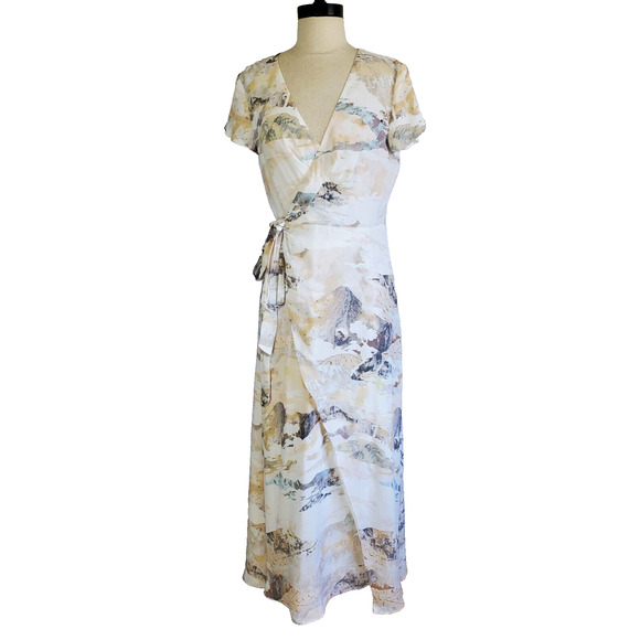 Aritzia Babaton Dress Women Small Slit Wrap Espace Neutral Sand Watercolor Print - Picture 1 of 16